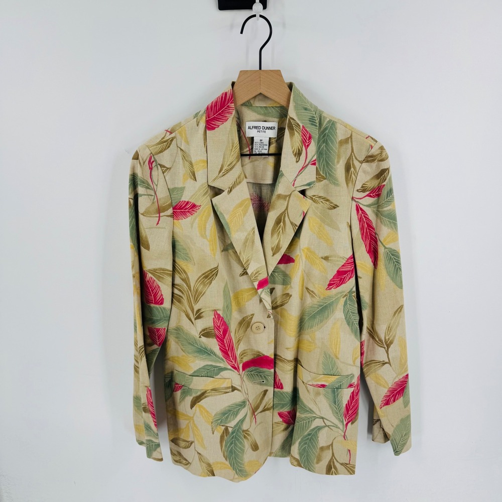 Vintage Floral Linen Blend Tropical Leaf Blazer Size 8P Coastal Botanical Earthy